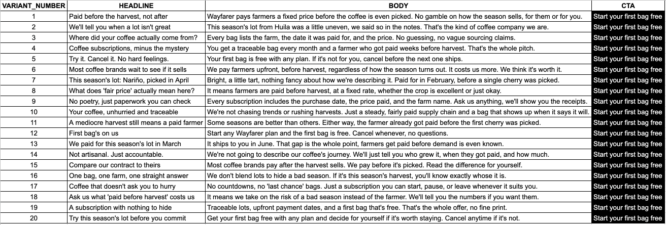 Spreadsheet of 20 AI-generated ad variants where every call to action is
identical