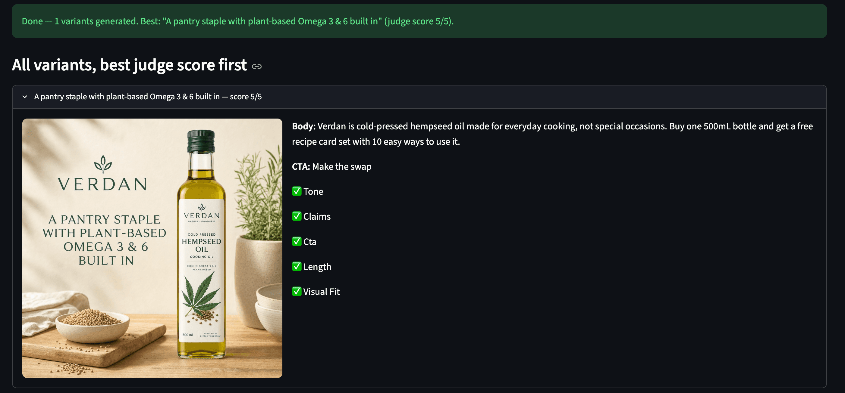 Streamlit app showing ranked ad variants with a judge score and pass or fail
marks for each of the five
criteria