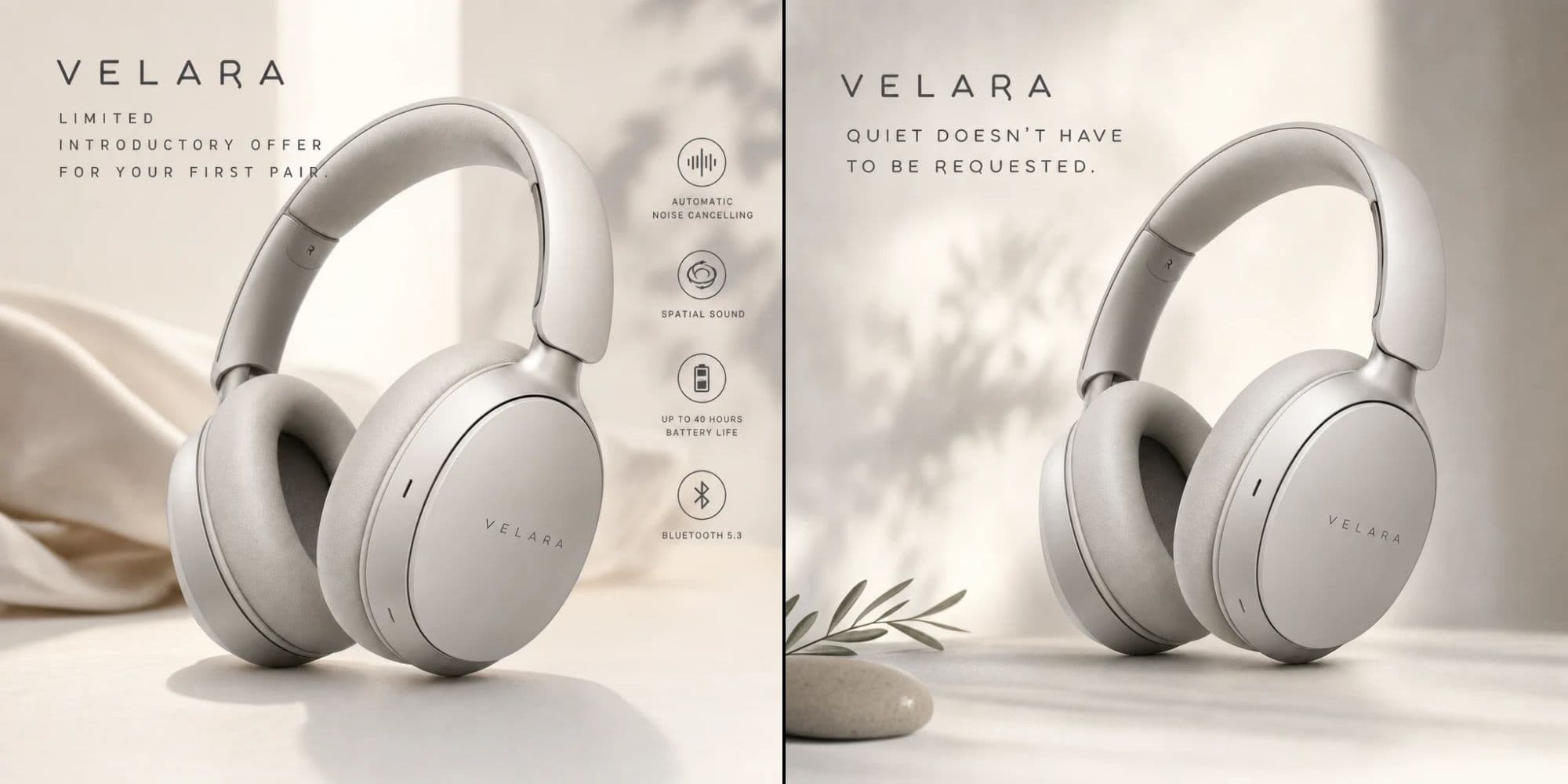 Two generated headphone ads, one with heavy text overlay and one
product-forward with minimal
typography