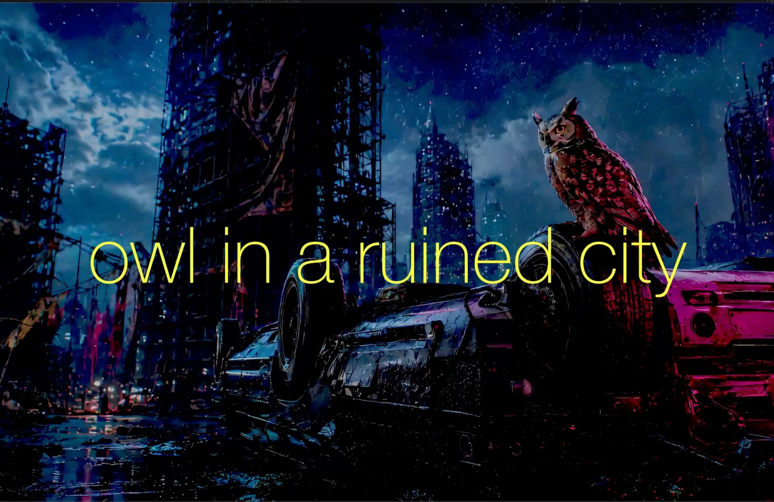 The owl, mid-shot, in the ruined city