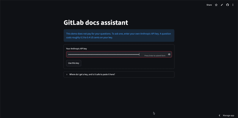 RAG docs assistant answering a GitLab question with numbered citations and sources