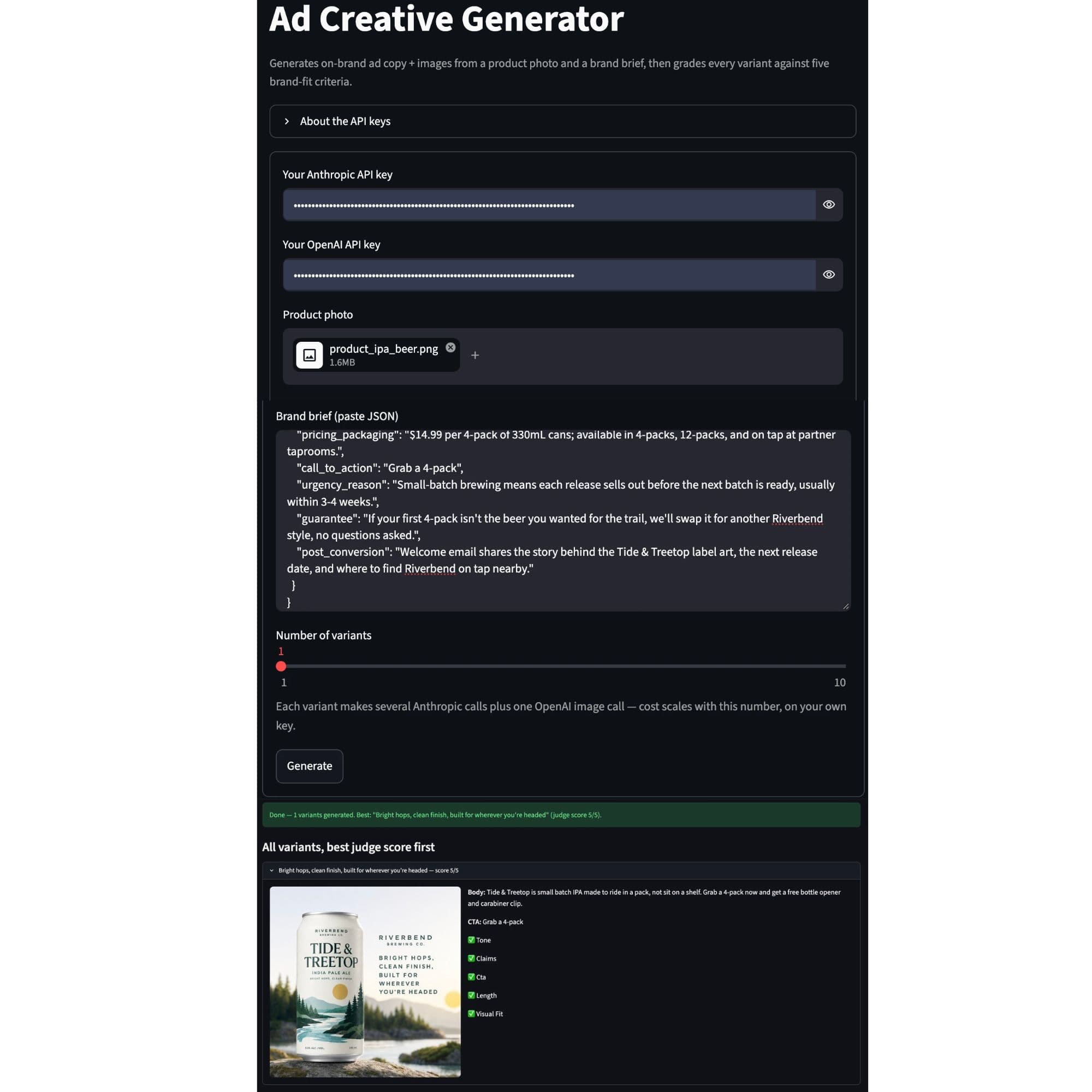 Streamlit interface for uploading a product photo and brand brief, and the
ranked ad variants it
returns