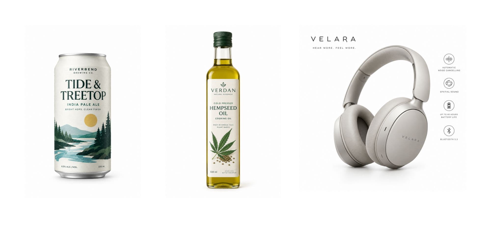 Three fictional product photos used as test brands: headphones, hempseed oil
and an IPA can